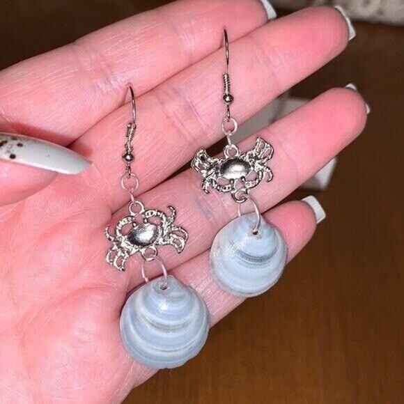 Dangle Earrings Genuine Handcrafted Seashell Crab Shades of Blue Gray Coastal - Picture 8 of 10